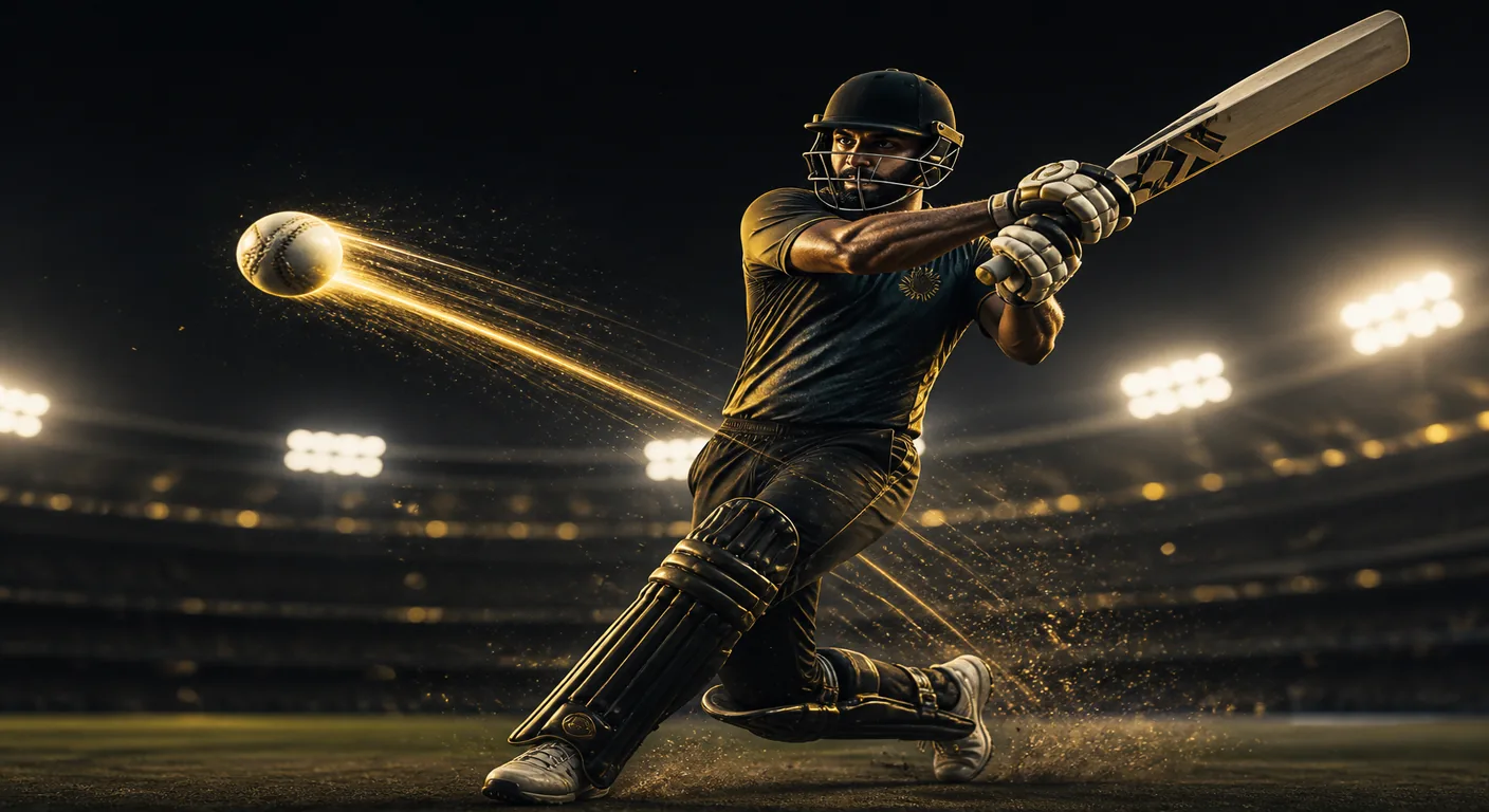 Cricket batsman in a dark gold-trimmed kit swinging under night stadium floodlights
