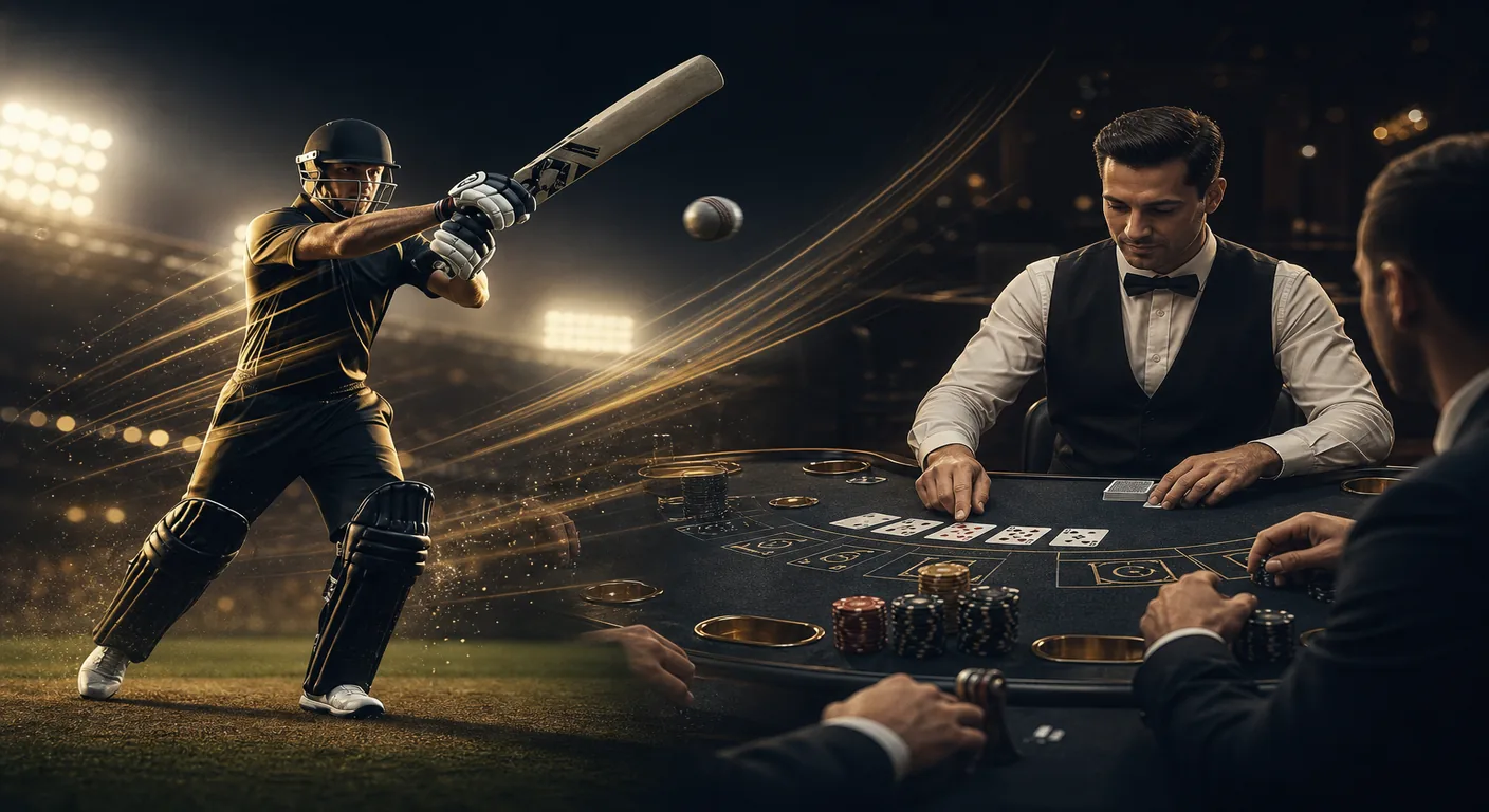 Cricket batsman and a live dealer table sharing one dark gold-lit betting floor