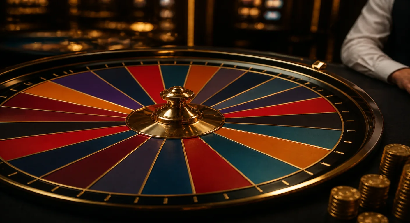 Colorful live fortune wheel on a dark casino table with gold chips and a dealer nearby