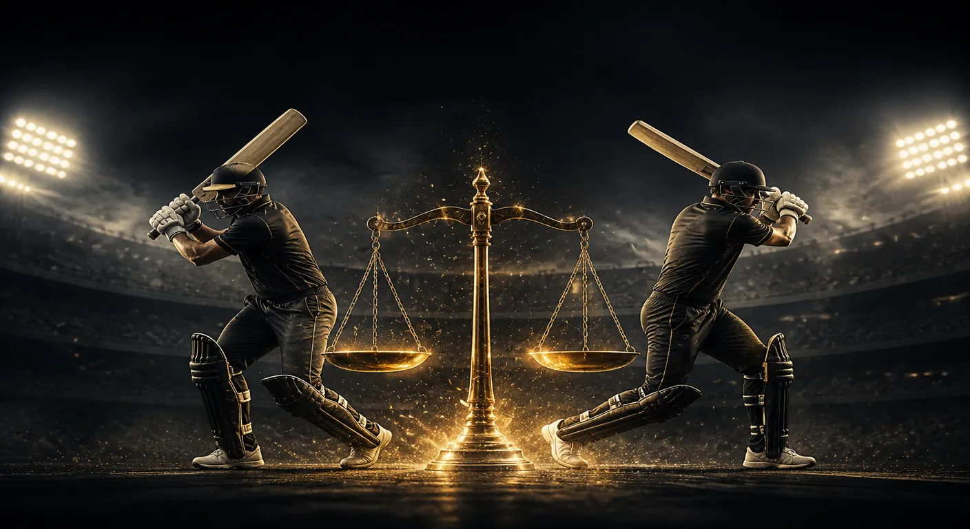 Two cricket players facing opposite ways with a glowing gold balance scale between them