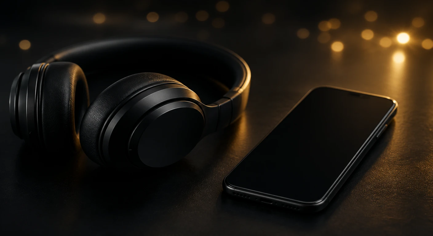 Black headset on a dark desk beside two smartphones with blank screens in gold light