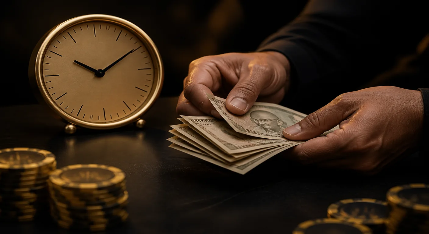 Hands holding Indian rupee notes next to a gold clock and blurred casino chips